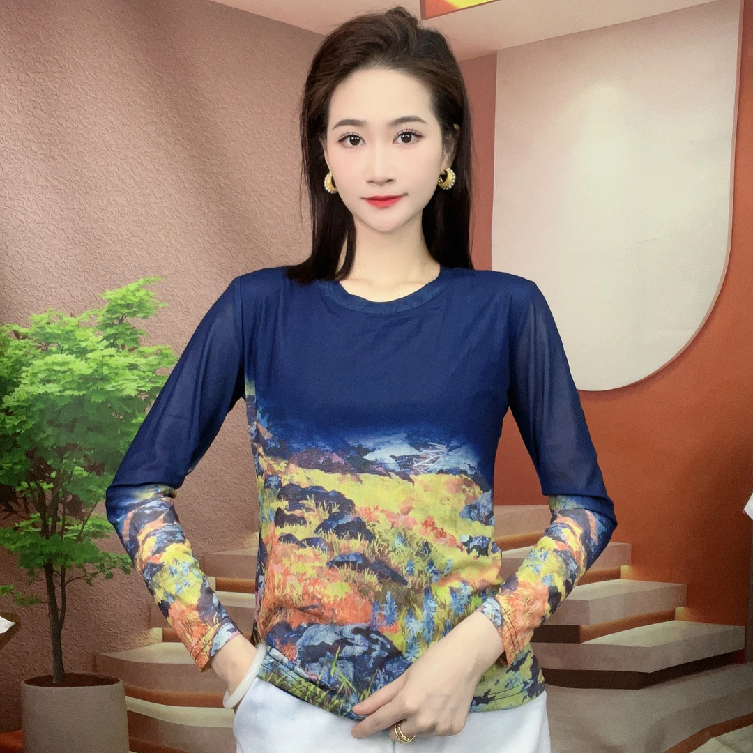 2024早秋新款长袖圆领网纱时尚显瘦印花T恤上衣A179