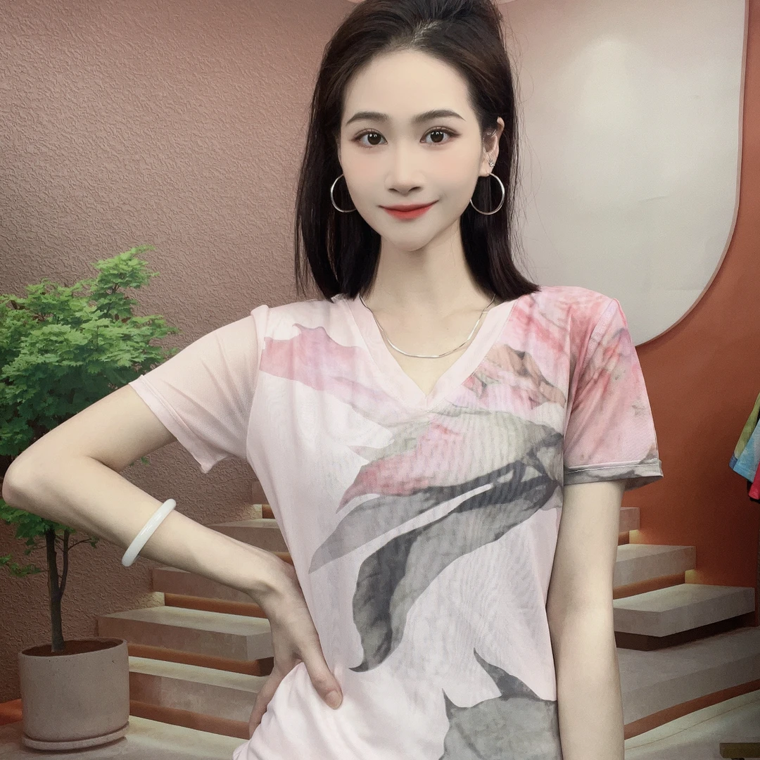 2025夏季新款时尚百搭显瘦气质肌肤纱短袖V领T恤印花上衣A093