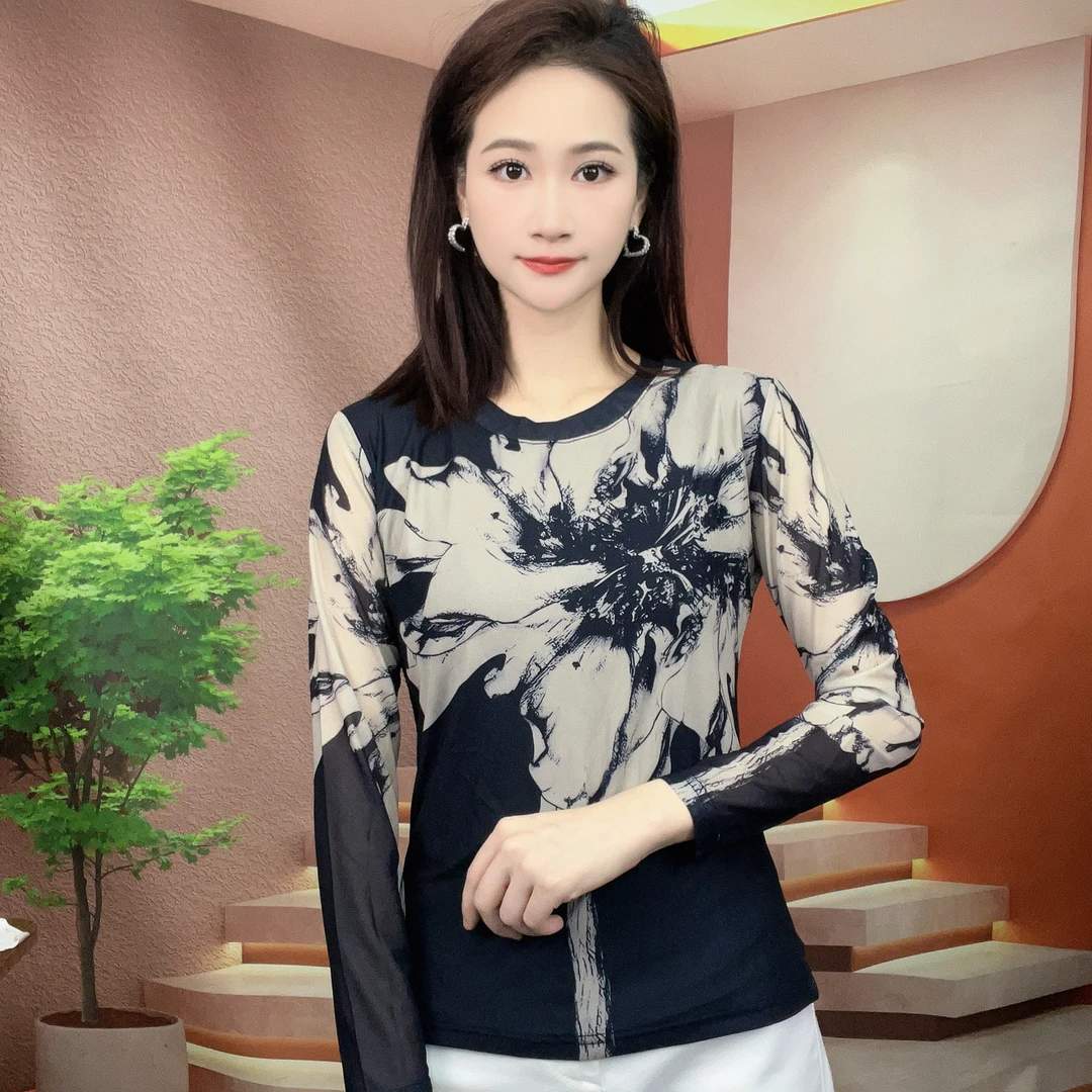 2025夏季新款长袖圆领肌肤纱时尚显瘦印花T恤上衣A187