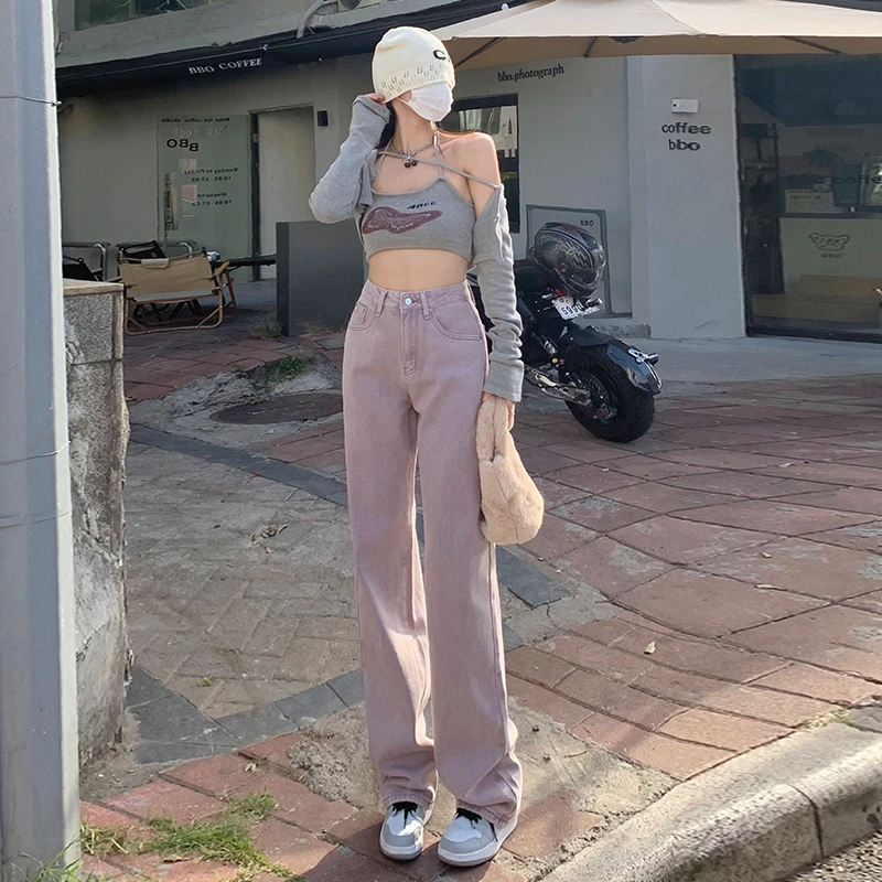 紫色阔腿牛仔裤女2023年新款春季高腰显瘦垂感宽松直筒拖地裤子潮
