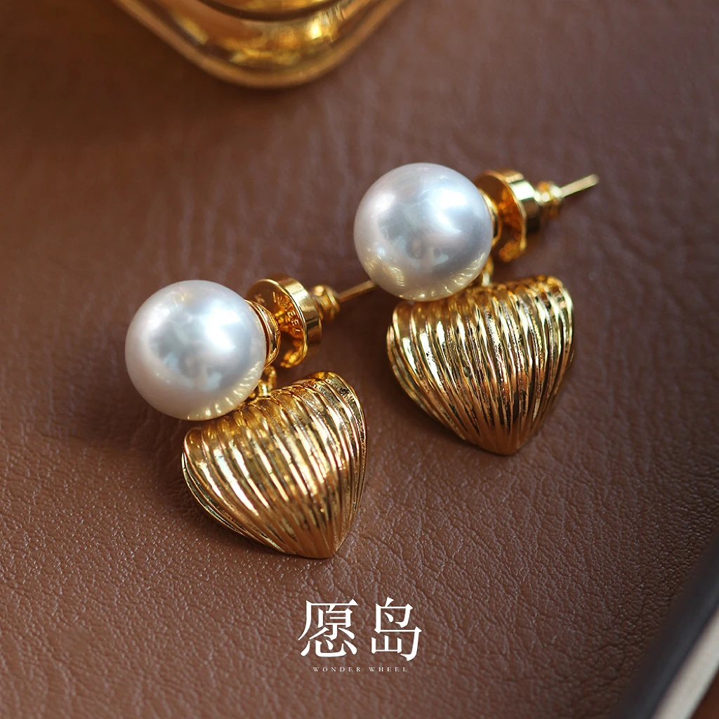 愿岛 黄铜仿珍珠耳饰 法式复古气质拉丝金属爱心仿珍珠耳钉ED14