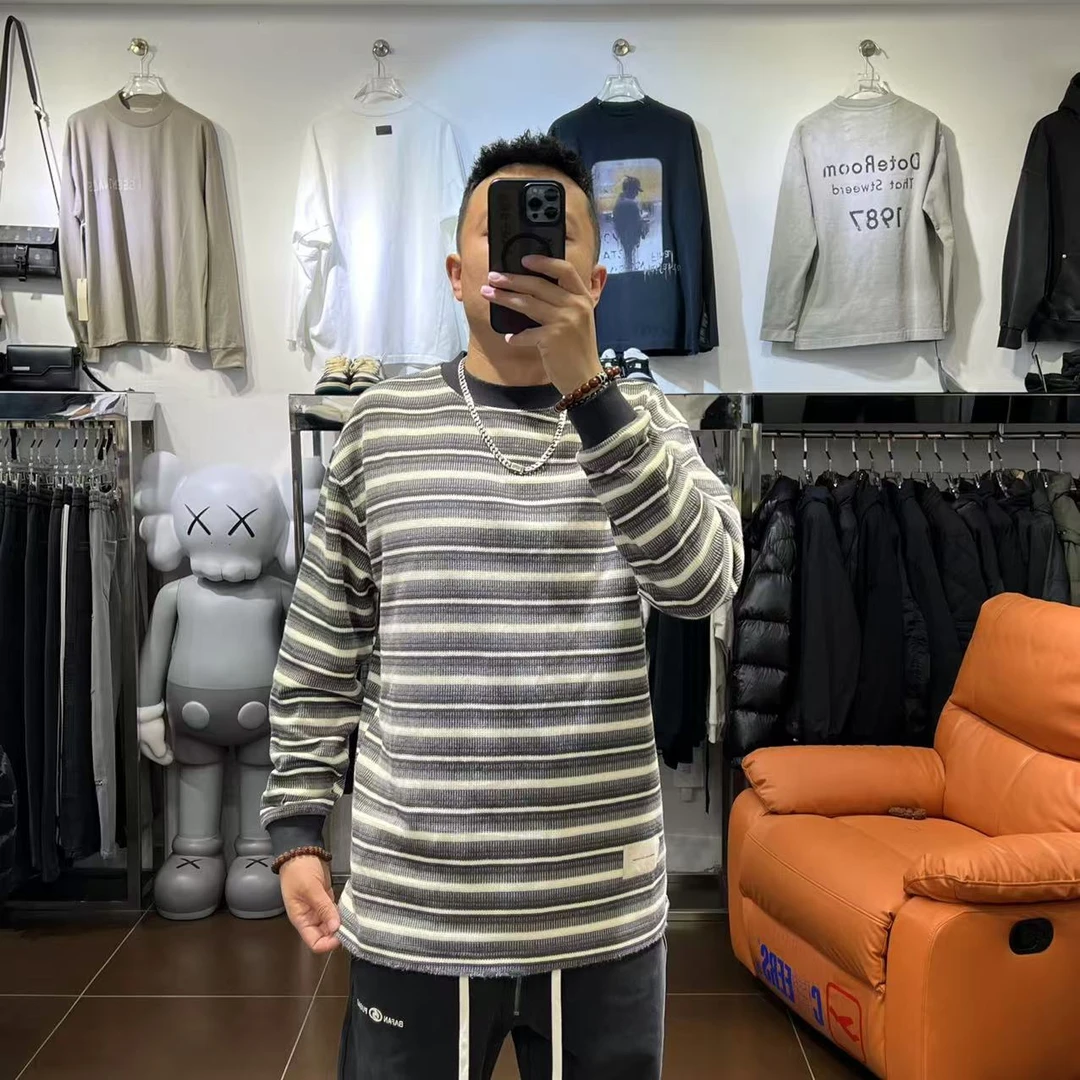 33999男士复古做旧磨边破洞条纹质感长袖百搭宽松日系潮流T恤