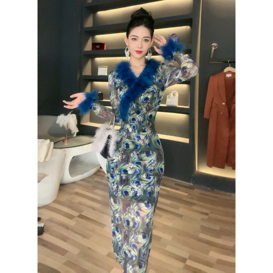 七爷定制 国内设计师品牌 时尚气质孔雀蓝印花设计感连衣裙11007