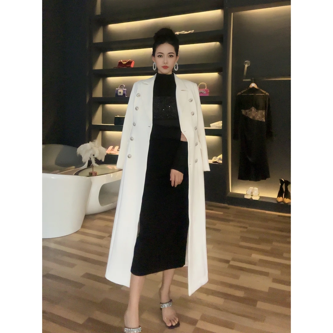 七爷定制 国内设计师品牌 时尚秋冬小香风双排扣风衣中长款4484