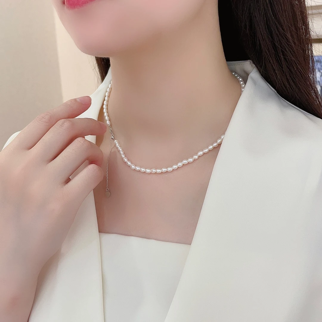 HAIXIJIN/海熙金S925银4mm淡水强光轻奢简约米珠气质项链可调节