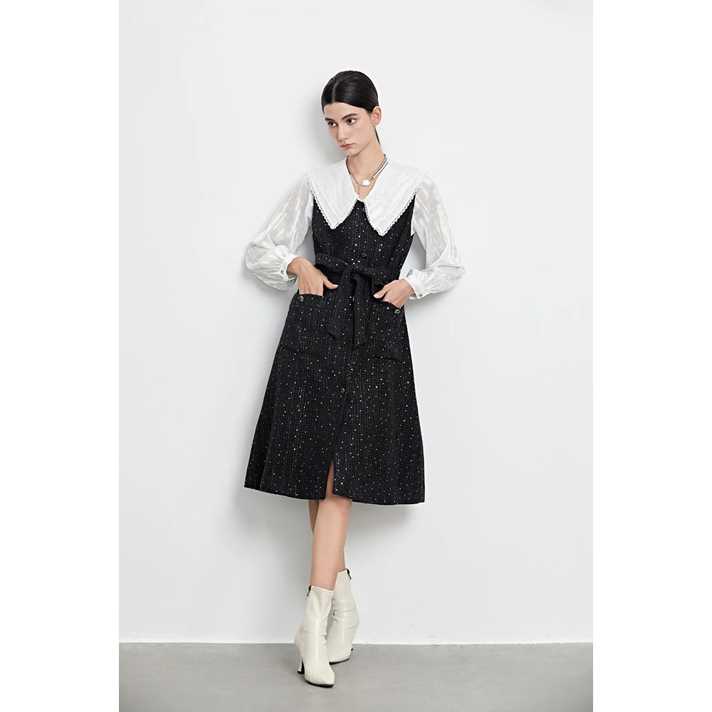 S·DEER圣迪奥女装轻奢秋季法式气质减龄时尚黑色长袖显瘦连衣裙