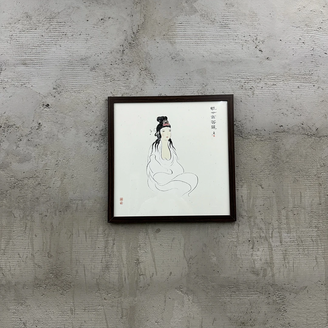 32-50*50观世音菩萨中式装饰画木框玄关书房茶室客厅挂画