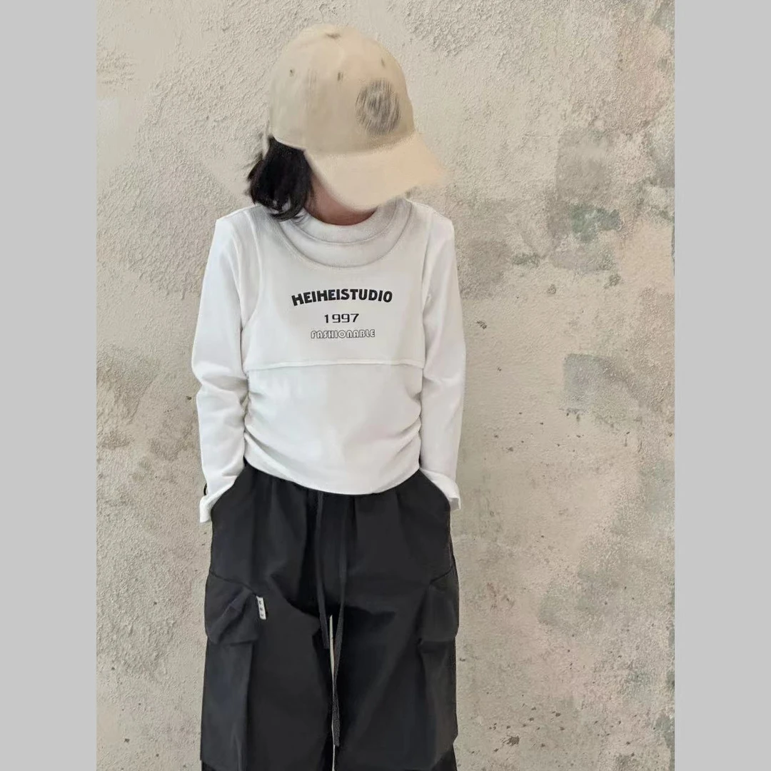 【设计师品牌】秋季韩版新款中大童亲子假两件抽绳印花长袖T恤 3005