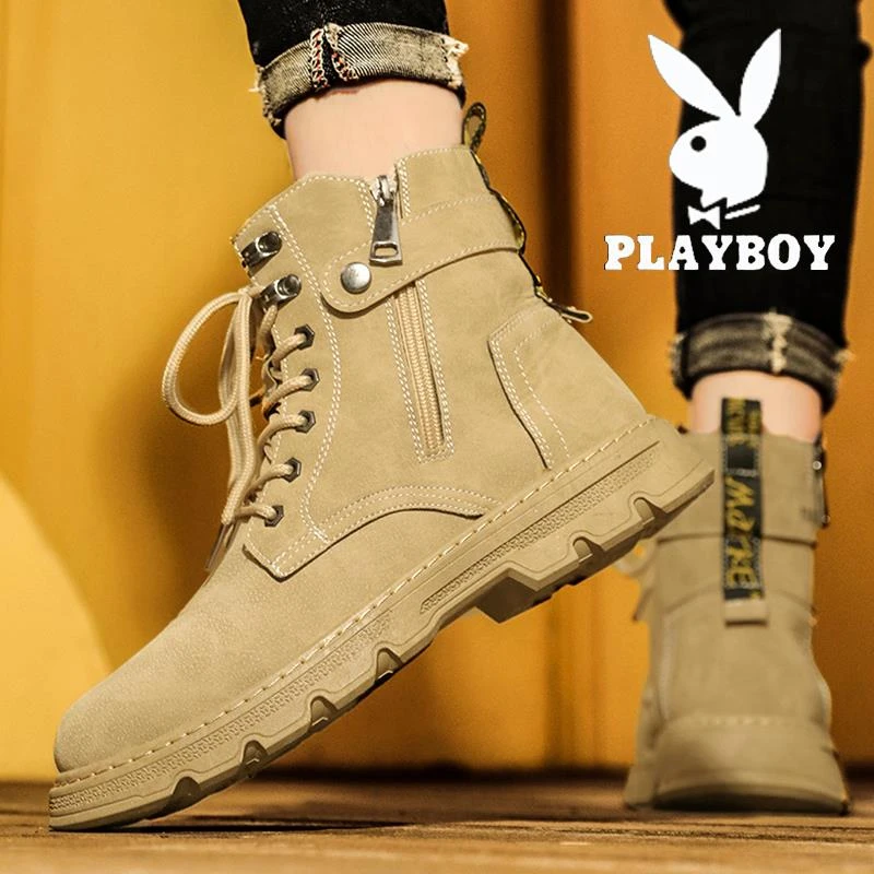 花花公子马丁靴子男款秋冬季新款男士英伦风休闲户外工装男鞋