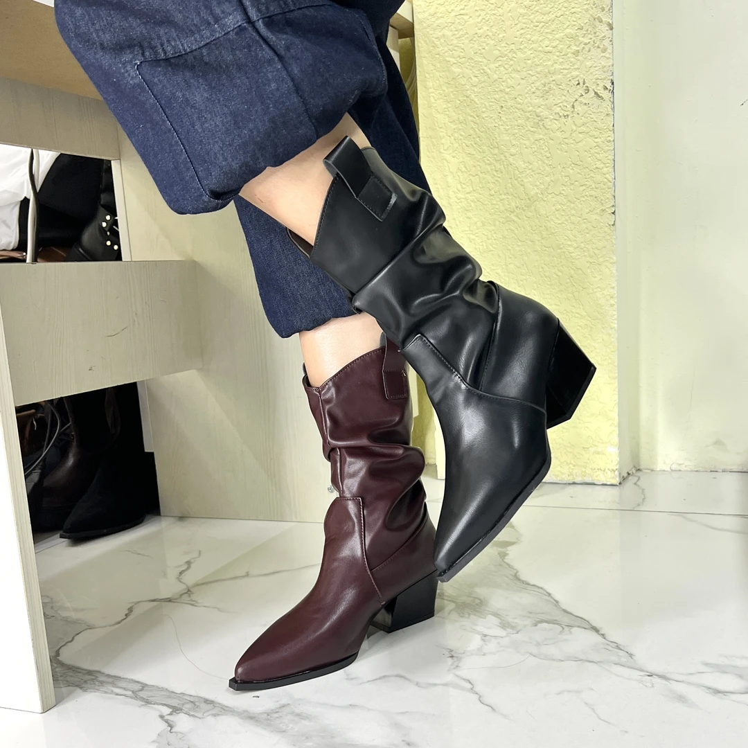 A90 尖头粗跟堆堆靴中筒靴女款秋冬短靴不过膝小个子中筒长靴