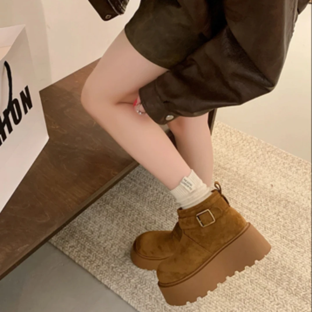 9218冬季女靴保暖加绒磨砂休闲短靴厚底加棉短筒靴套筒雪地靴