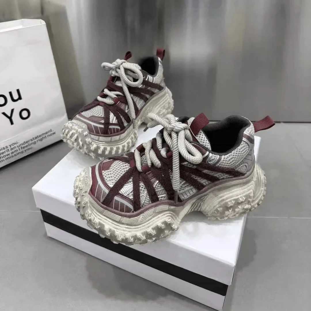 3601 复古擦色老爹鞋女厚底爆款增高系带休闲运动鞋潮