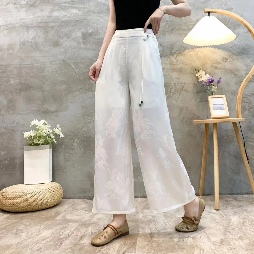 X玉珠吊坠提花阔腿裤新中式国风时尚百搭气质减龄洋气显瘦简约款