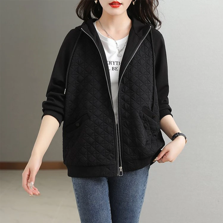 81832菱形泡泡棉连帽拉链外套时尚百搭气质减龄洋气显瘦休闲女士