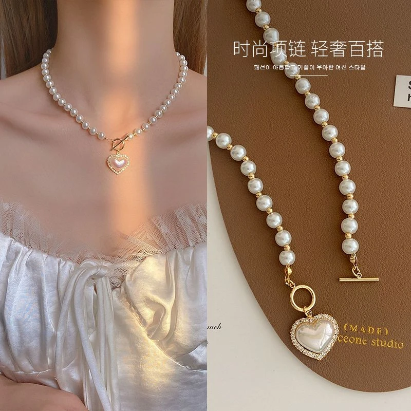 合金仿珍珠项链 巴洛克珠珠项链女轻奢高级感锁骨链潮爱心颈链女