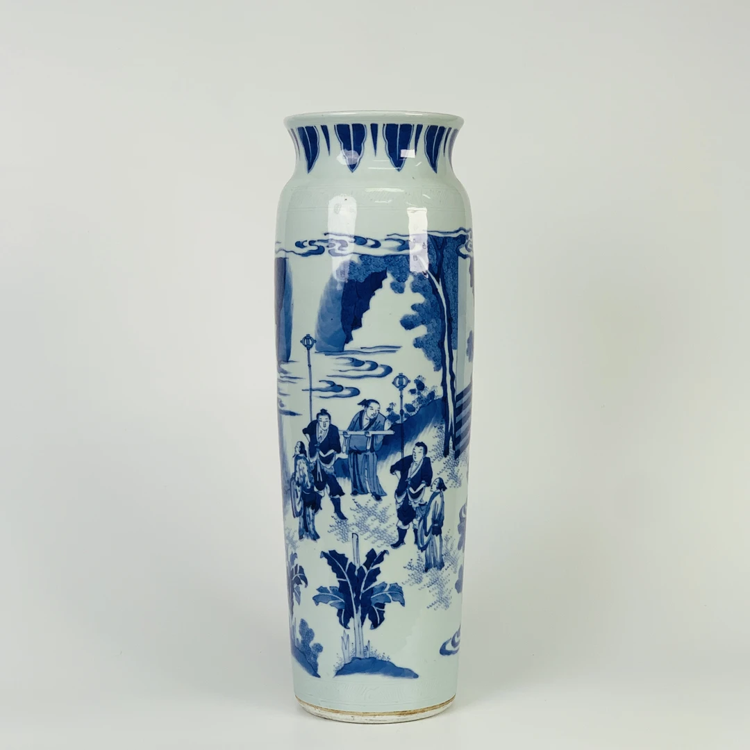 明崇祯・青花周文王访贤图筒瓶【古董】X20240923484