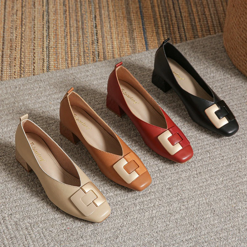 （2.5-5厘米33-41码）平底女单鞋春款浅口软面低跟粗跟女鞋奶奶鞋