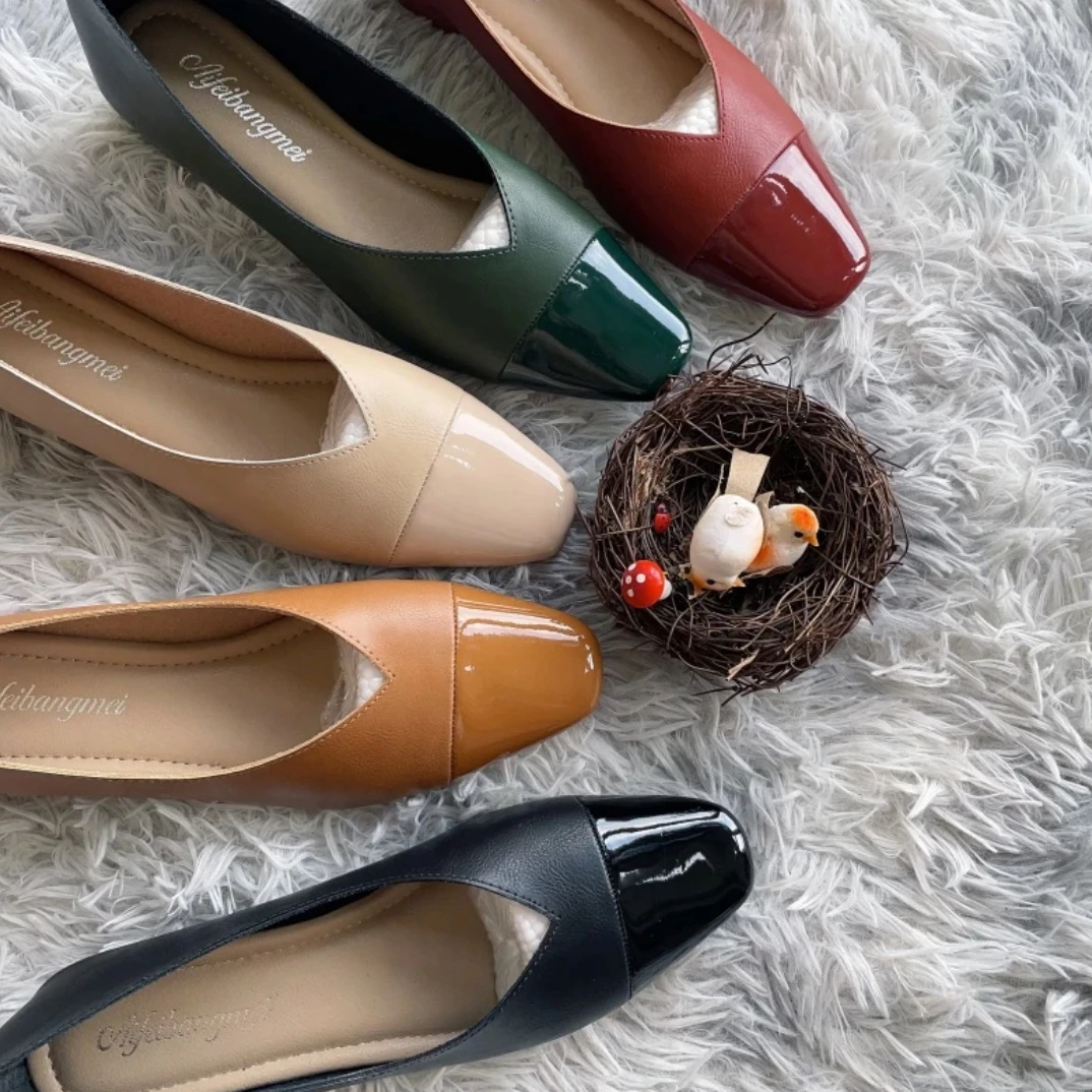 888真皮平底单鞋圆头软底奶奶鞋韩版拼接浅口低跟百搭春秋女鞋