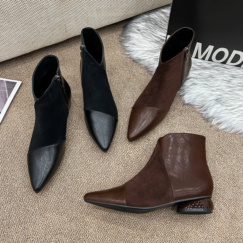 自播美拉德复古尖头短靴女真皮粗跟法式裸靴拼接切尔西马丁靴