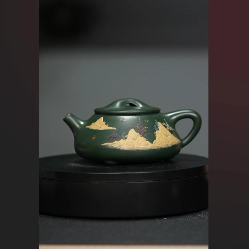 129民国绿泥绘景舟石瓢紫砂壶