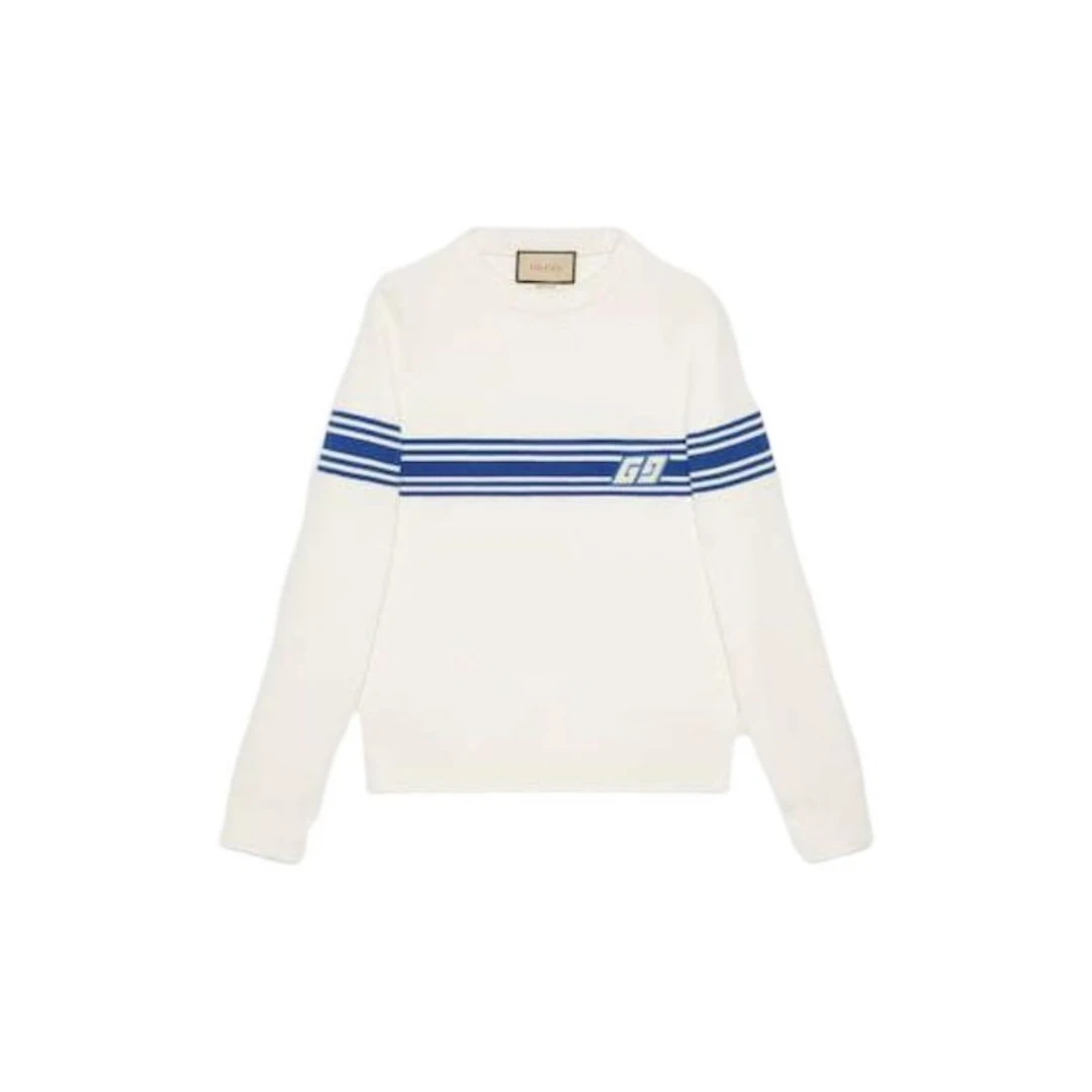 Gucci古驰 M码/象牙白双G蓝条纹套头羊毛衫
