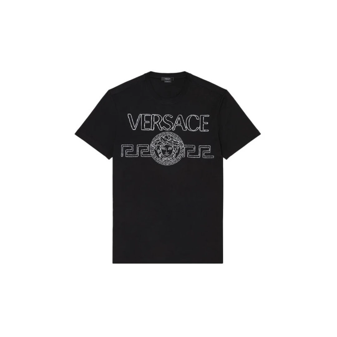 Versace范思哲 黑色白缝线美杜莎图案刺绣男士短袖