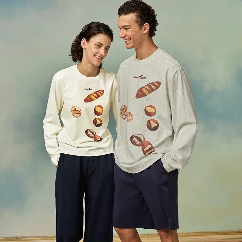 UMAMIISM有茂密声面包咖啡宽松重磅松弛感印花治愈系圆领长袖T恤