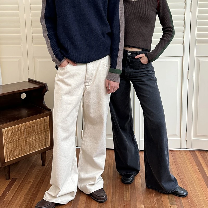 UMAMIISM有茂密声直筒挺阔型舒适中低腰水洗黑白色阔腿牛仔长裤子