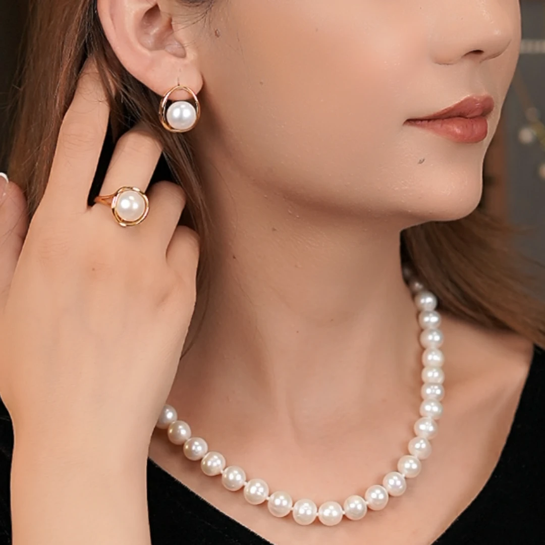 10-11mm 淡水珍珠耳环戒指项链一套 金色气质百搭时尚优雅