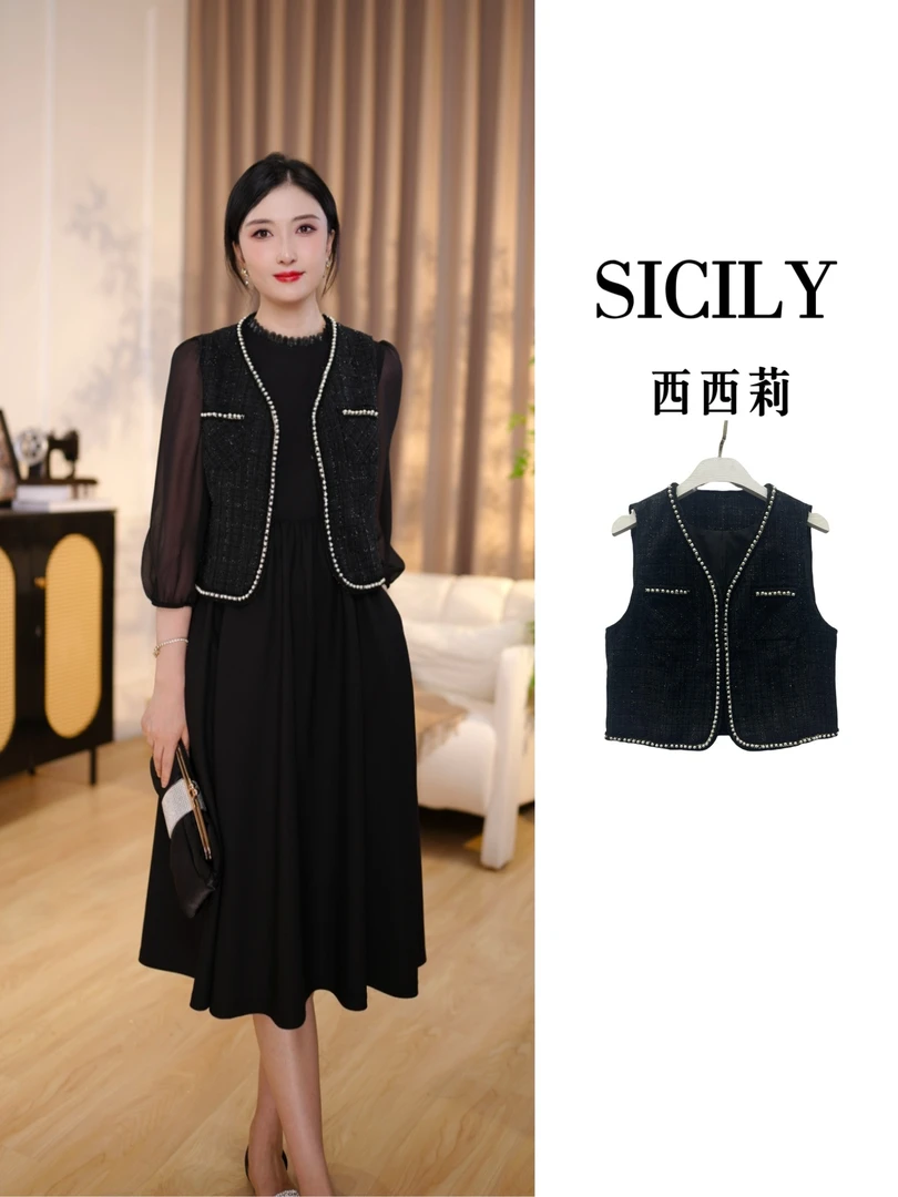 《西西莉》新款时尚秋冬百搭连衣裙外套马甲-035