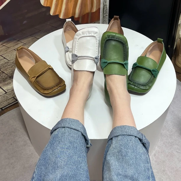 5865纯牛皮软底软面简约乐福鞋女鞋单鞋舒适时尚夏荷叶边复古百搭