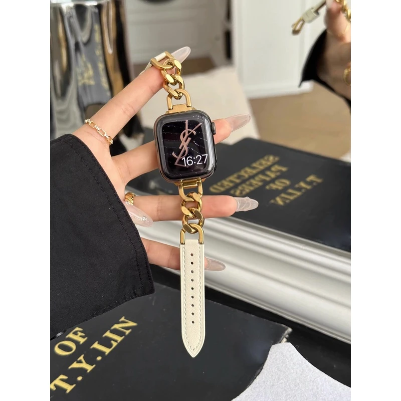 不锈钢金属链条拼接真皮适用oppo watch32手表带3/4pro男女夏天se