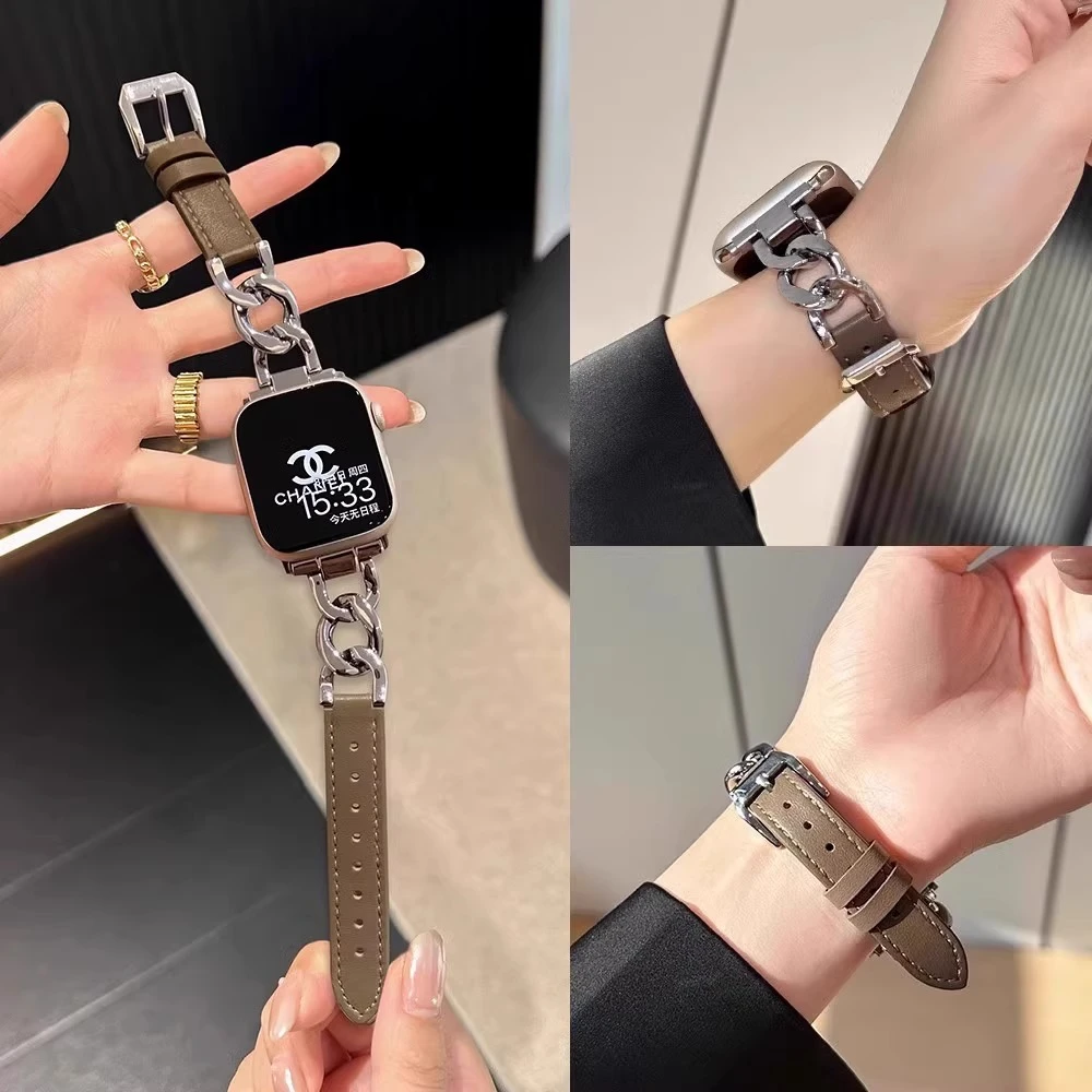 金属链条拼接真皮质适用华为fit4手表watch fit321表带男女新款夏