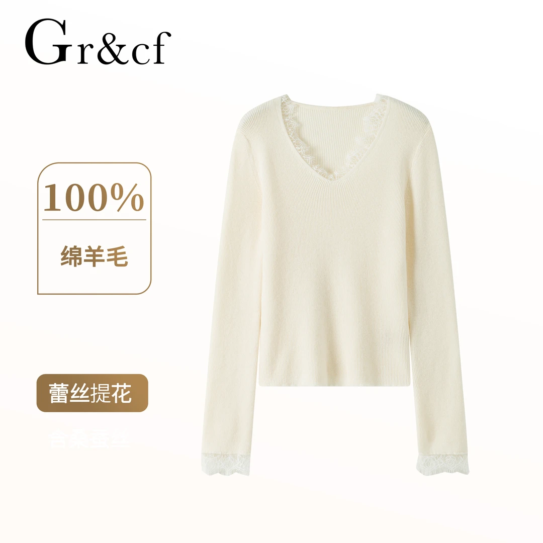 GR&CF/歌瑞丝芬100%绵羊毛新款V领长袖羊毛衫女士镂空蕾丝纯色