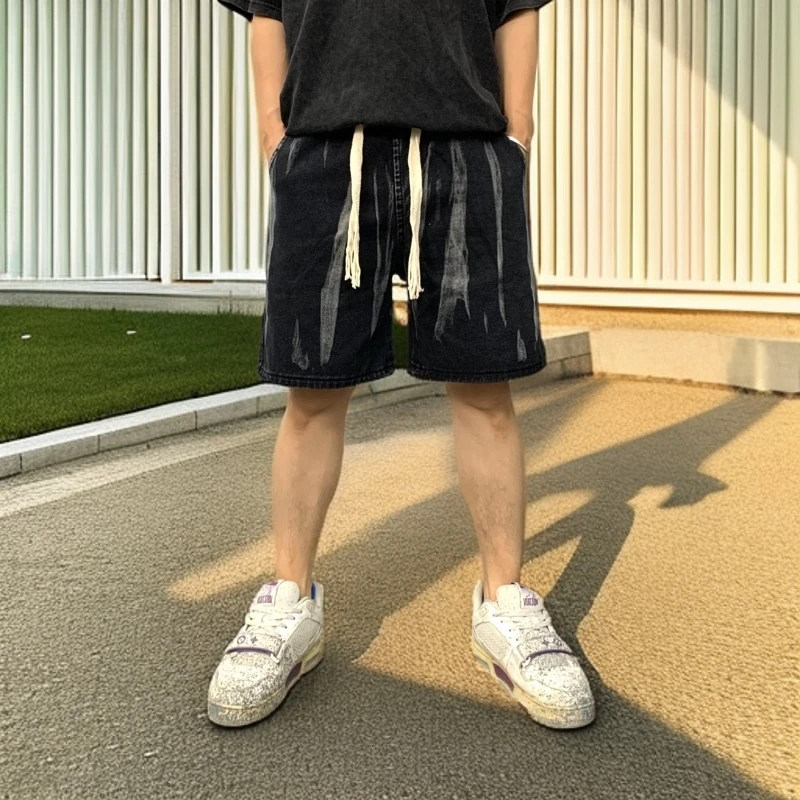 【网巢】扎染牛仔短裤男女高街直筒宽松美式潮牌五分裤子
