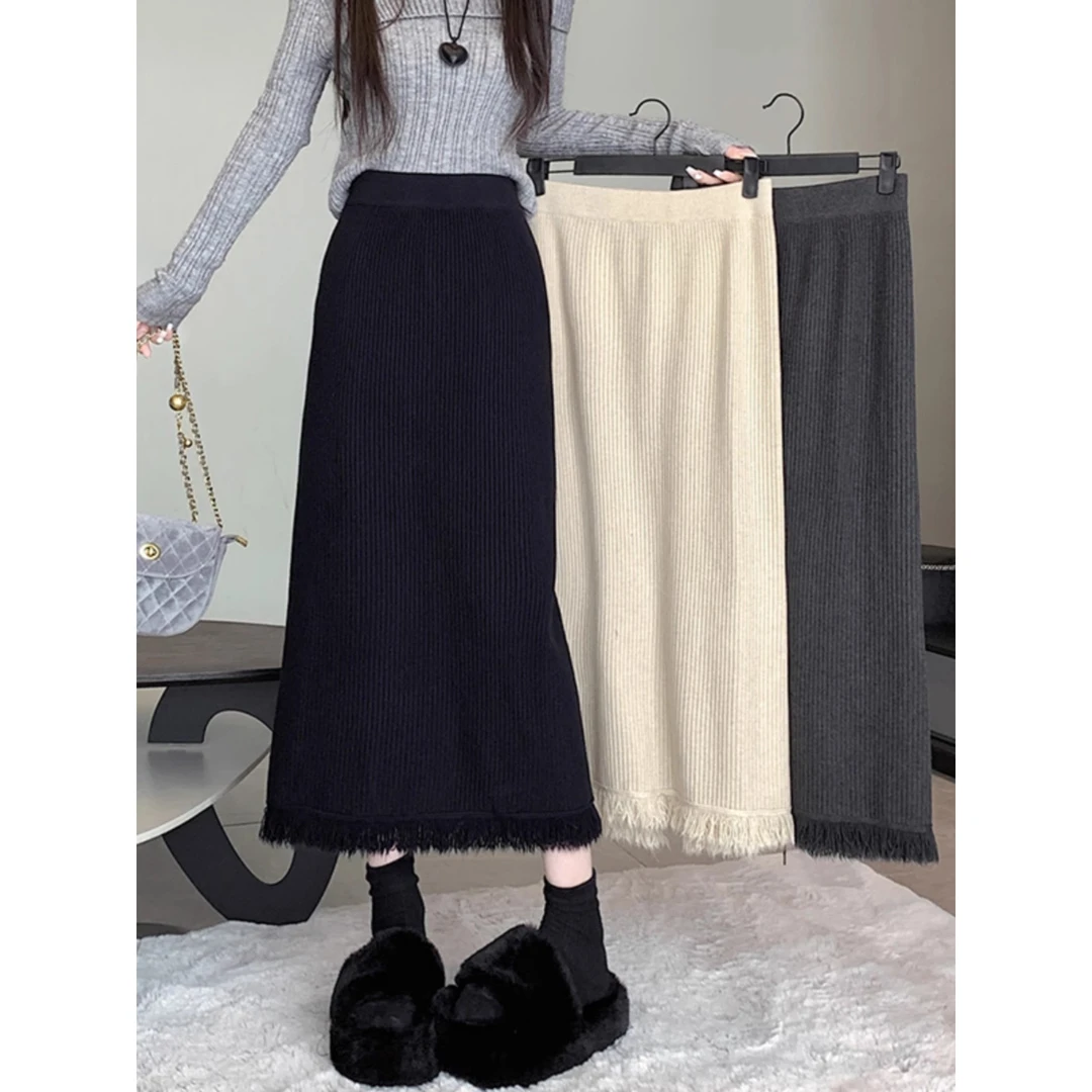 加厚流苏半身裙女秋冬2025新款大码针织包臀裙高腰遮胯显瘦中长裙
