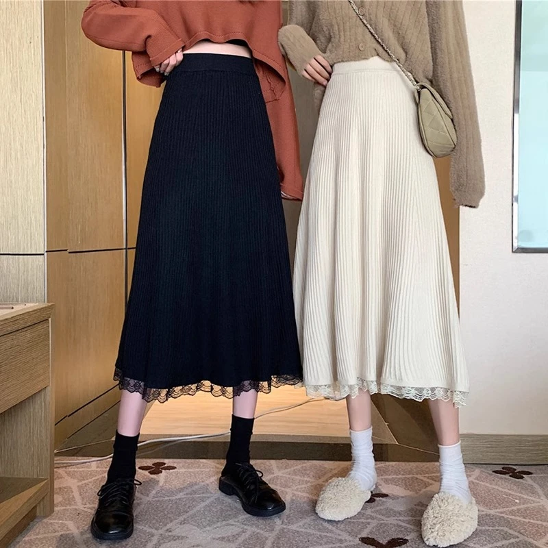 黑色针织半身裙女秋冬中长款加厚高腰小个子a字杏色伞裙白色裙子
