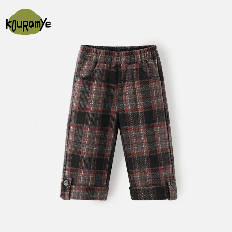 酷娃米深秋冬季新款中小女童时尚百搭格纹儿童加绒毛呢裤70364