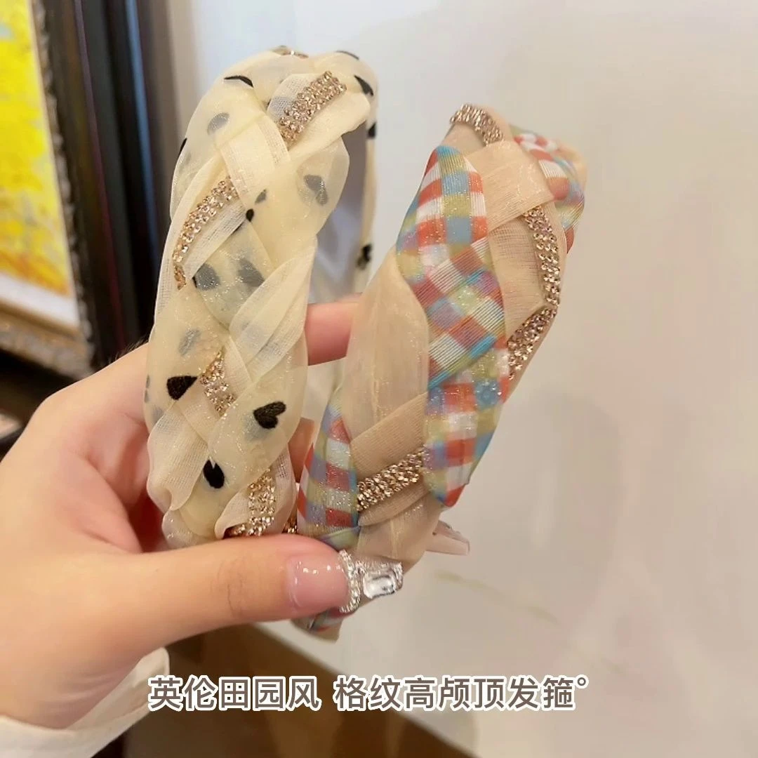 高端麻花网纱镶钻发箍网红新款麻花头箍宽边洗脸外出压发卡头L