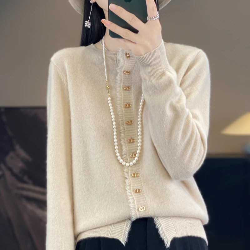 圆领洋气气质百搭加厚开衫女长袖外套外穿毛衣宽松外搭羊毛针织衫