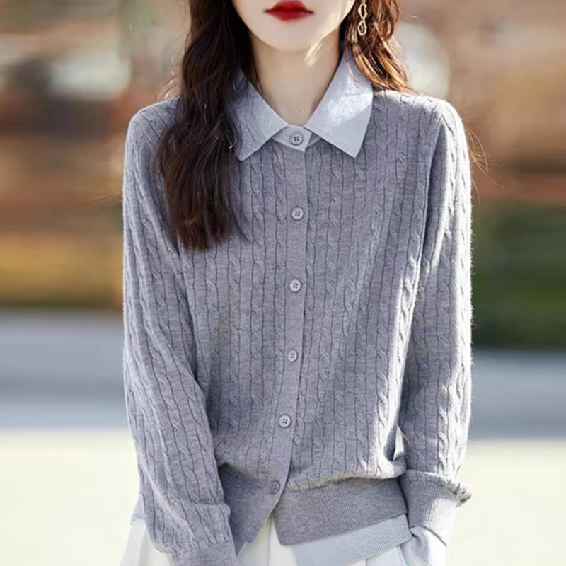 2024秋冬新款减龄POLO领羊毛衫女撞色麻花针织开衫上档次百搭毛衣