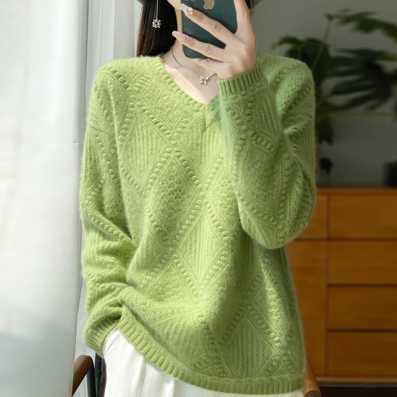 100%纯羊毛v领打底衫女2024秋冬款内搭大码女装针织宽松长袖毛衣