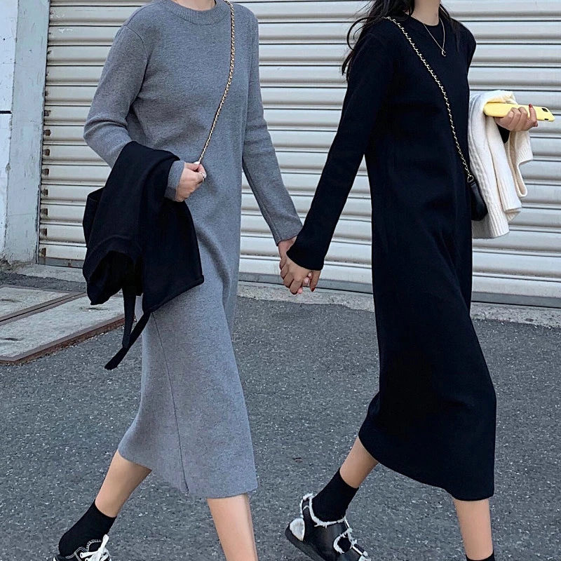 2024春秋新款高级感黑色内搭过膝长裙长袖打底针织毛衣连衣裙子女