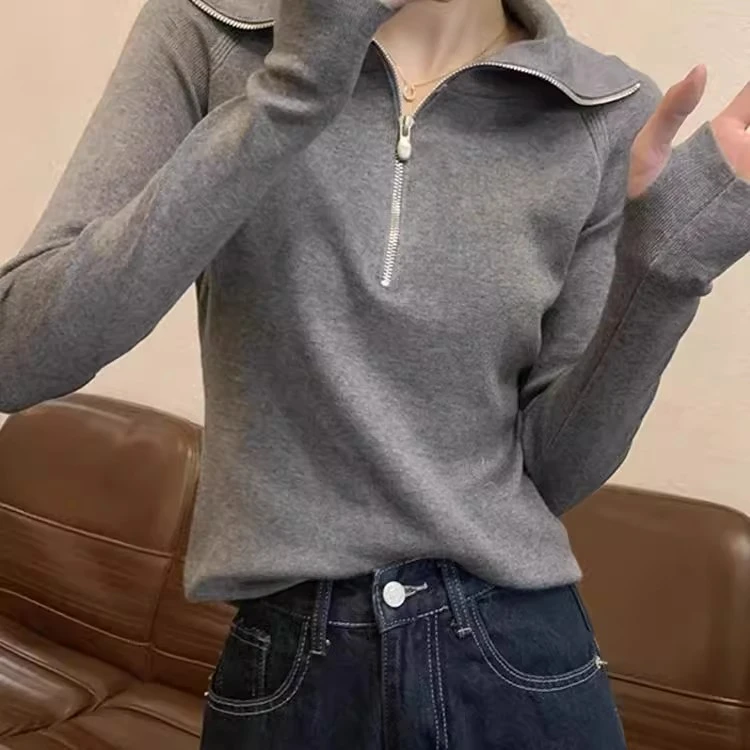 半拉链翻领灰色针织打底衫女秋季新款美式长袖内搭高领外穿上衣服