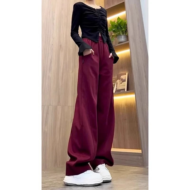美式简约百搭酒红色阔腿卫裤女春秋新款加厚加绒宽松香蕉休闲裤子