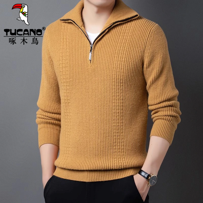 啄木鸟秋冬季可翻加厚保暖羊毛衫男士宽松休闲纯色长袖针织毛衣男