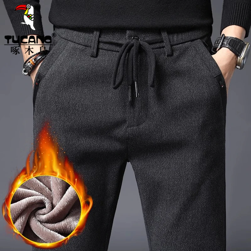 啄木鸟加绒加厚休闲长裤男士秋冬季裤子男磨毛呢冬厚款保暖爸爸装