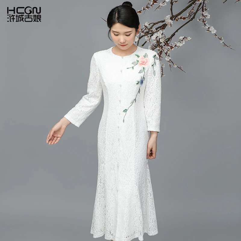 中国风秋季精致刺绣花优雅气质淑女长袖女语岚蕾丝连衣裙CMT11291