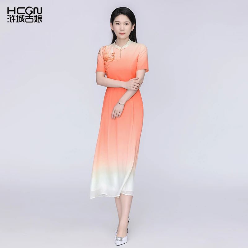 春夏季新国风长款夏天裙子醋酸缎面凤容渐变连衣裙女装BMT17670