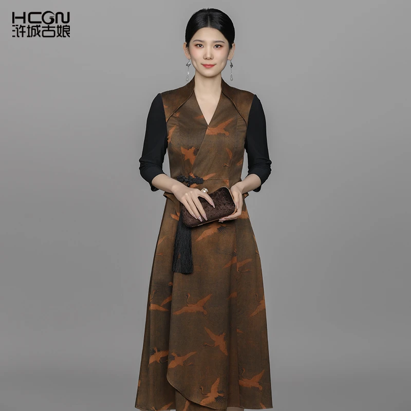 春夏季女装真丝长裙子桑蚕丝100%悠然香云纱连衣裙22B11163